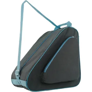 Detail view of triangular inline skate bag in dark grey with blue adjustable straps