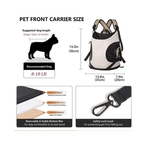 Front-facing pet carrier backpack with dimensions, weight capacity, and safety strap detail