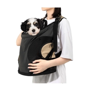 Detail view of breathable mesh window and padded straps on portable pet backpack