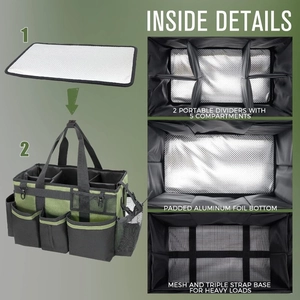 Wearable cleaning bag with adjustable dividers and padded aluminum foil bottom