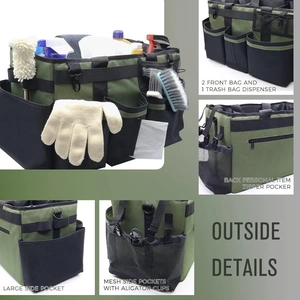 Wearable cleaning tool bag with handle and shoulder strap featuring multiple mesh pockets