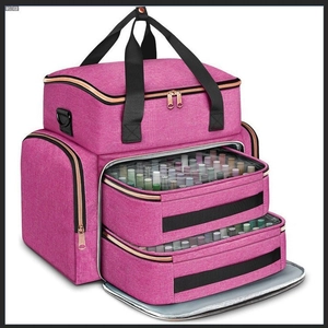 Double-layer rose red nail polish organizer bag with compartments and top handle
