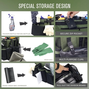 Wearable cleaning tool bag with handle and strap featuring multiple storage pockets