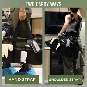 Dual carrying methods showing hand strap and adjustable shoulder strap on cleaning bag