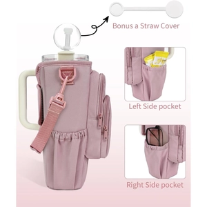 Pink insulated water bottle carrier bag with adjustable strap and multiple storage pockets