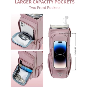 Pink insulated water bottle carrier bag with adjustable strap and dual zipper pockets