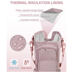 Pink insulated water bottle bag with adjustable strap and waterproof thermal layers