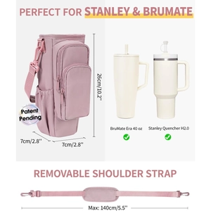 Mauve insulated water bottle holder with adjustable strap and multi-pocket storage bag