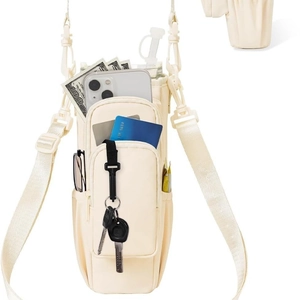 Detail view of water bottle carrier bag with pockets for phone, cards and accessories