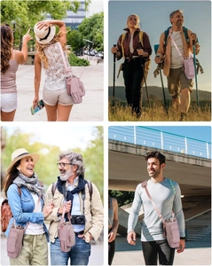 Pink insulated water bottle carrier with adjustable strap shown in four outdoor travel scenes