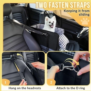 Detail showing the adjustable nylon straps and metal hooks for pet car seat stability