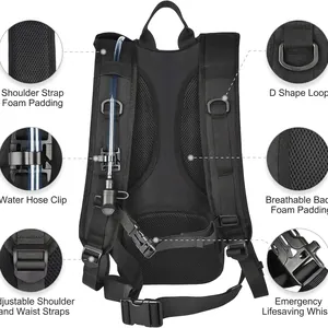 Black tactical hydration backpack for outdoor sports with breathable mesh and emergency whistle