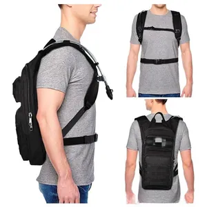 Tactical hydration backpack in black nylon showing multiple wear angles and MOLLE system