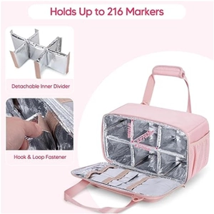 Detail of pink 216 markers case showing removable dividers and hook & loop straps