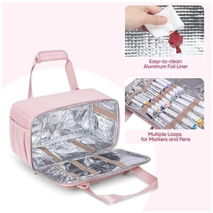Pink marker storage organizer bag with 216 slots and easy-clean aluminum foil liner