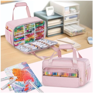 Macro detail of pink multi-layer marker organizer bag with elastic slots and mesh pockets