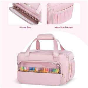 Pink marker organizer bag for 216 markers with 4 inner slots and mesh side pockets