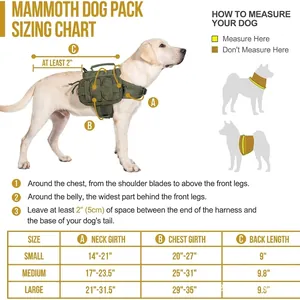 Dog saddlebag backpack size chart with neck, chest, and back length measurements