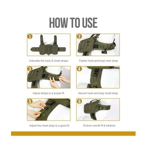 Tactical green dog saddle bag user guide showing 6 steps for harness adjustment and fit