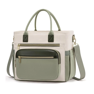 Large insulated laptop backpack lunch bag in beige and green faux leather with gold zippers