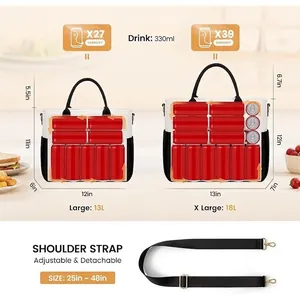 Size comparison of large and extra large insulated lunch bags with capacity measurements