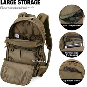 Tactical khaki backpack with multi-compartment storage and durable nylon design