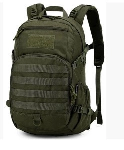 Macro view of military green tactical backpack with MOLLE webbing and velcro area details
