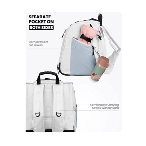 Mochila para botas de esquí en blanco y azul con fondo impermeable y correas acolchadas