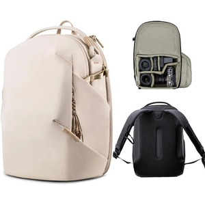 Minimalistischer beiger Fotorucksack mit modularen Trennwänden und Schnellzugriffsreißverschlüssen