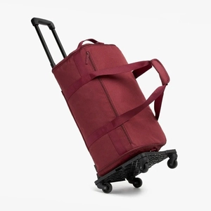 Detail view of burgundy travel bag showing telescopic handle and 360-degree wheels