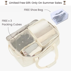 Cream white travel bag set with packing cubes and shoe bag for gym and sports
