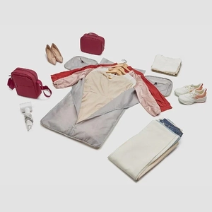 Versatile gray and pink travel luggage set with organizer bags and shoulder strap