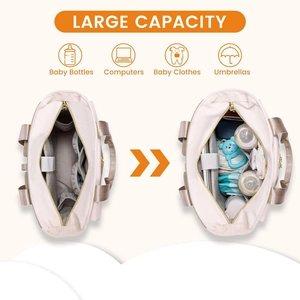Large capacity cream diaper backpack with stripe lining and organized compartments