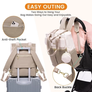 Multifunctional diaper backpack with stroller straps and anti-theft pocket in beige khaki