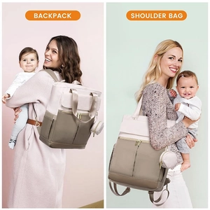 Versatile beige and khaki diaper backpack with matching mini pouch and shoulder strap