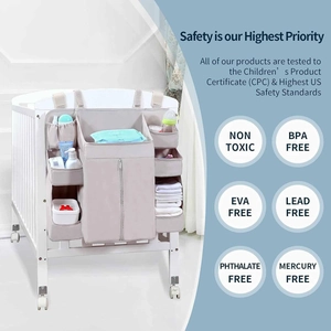 Macro view of crib organizer with insulated bottle pockets and durable mesh storage