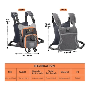 Detailed size specifications for fly fishing chest pack with polyester mesh dimensions