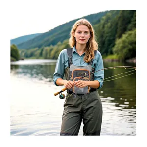 Close-up of professional fly fishing chest pack with pockets on female angler in nature