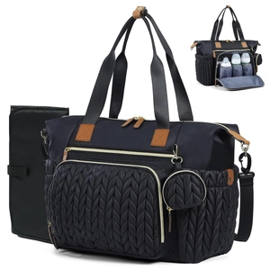 Large capacity black quilted baby diaper bag with shoulder strap and pacifier pouch