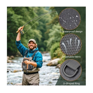 Fly fishing chest pack vest in dark grey with orange zippers for outdoor gear storage