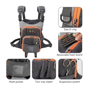 Fly fishing chest rig vest with adjustable straps and multi-pocket storage system