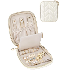 Boîte À Bijoux Cuir PU Matelassé Voyage Organisateur Pour Collier Bague Boucle D'oreille Portable Fermeture Éclair Élégant Femme