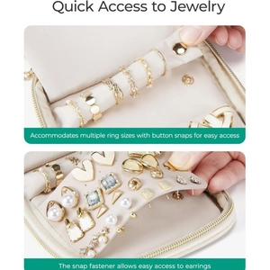 Boîte à bijoux portable en similicuir beige pour bagues, boucles d'oreilles et colliers