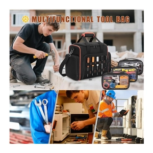 Vue détaillée du sac à outils en tissu Oxford avec bordure orange et poches de rangement