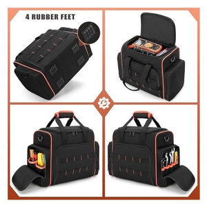 Sac à outils en tissu Oxford noir avec bordure orange et plusieurs poches de rangement