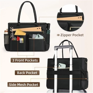 Large black nylon tote bag with 3 front pockets and luggage strap for business travel