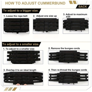 Detail guide showing size adjustment steps for tactical vest modular black cummerbund