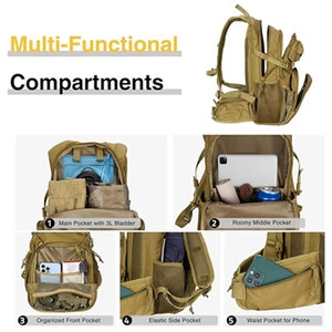 Khaki tactical 22L hiking backpack with 3L water bladder and multiple compartments