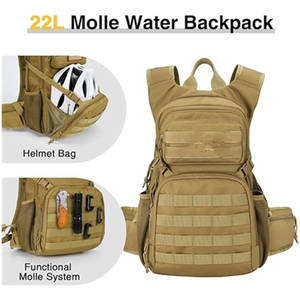 Detailed view of 22L tactical backpack with helmet storage and Molle system integration