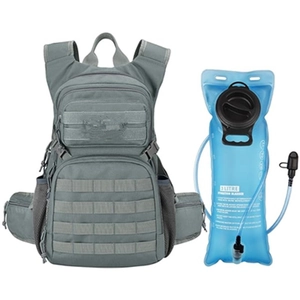 Detailed view of grey tactical 22L backpack with 3L TPU water bladder and MOLLE system